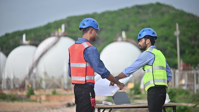 Engineers wearing safety gear, including hard hats examining survey a large blueprint tablet standing industrial facility gas or oil refinery engaged in a job requires high safety standards concept.	