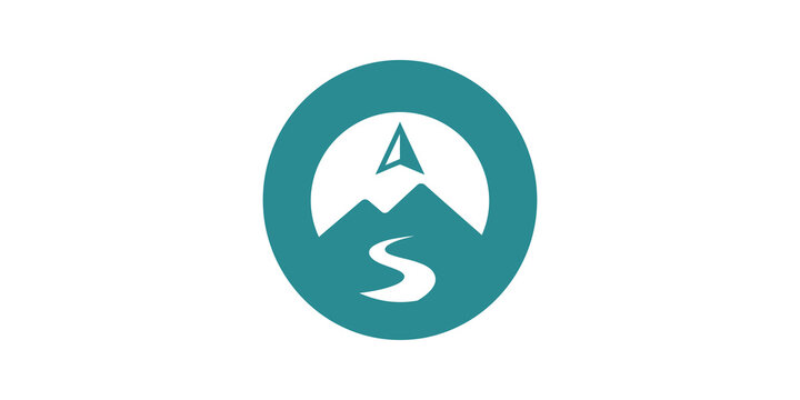 Compass and mountain trail icon in teal color for outdoor adventure.