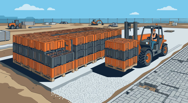 Forklift lifting orange crates at an outdoor industrial construction site