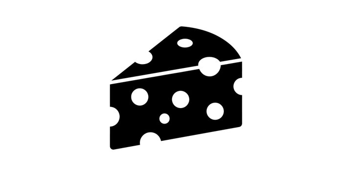 Black cheese wedge flat icon with swiss holes on transparent background.