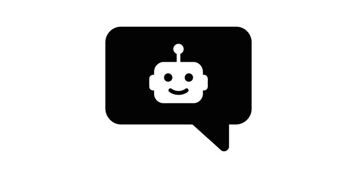 Black AI chatbot assistant icon in a chat bubble for support.