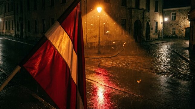 Flag in foreground of rainy cobblestone square under yellow lamps
