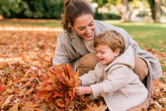 Happy mother crouching beside small son in park, warm family moment with autumn leaves