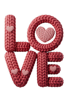 The word love formed from red braided yarn with hearts on transparent background