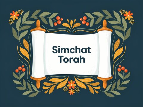 Simchat torah scroll greeting card design with decorative floral frame and autumn foliage leaves