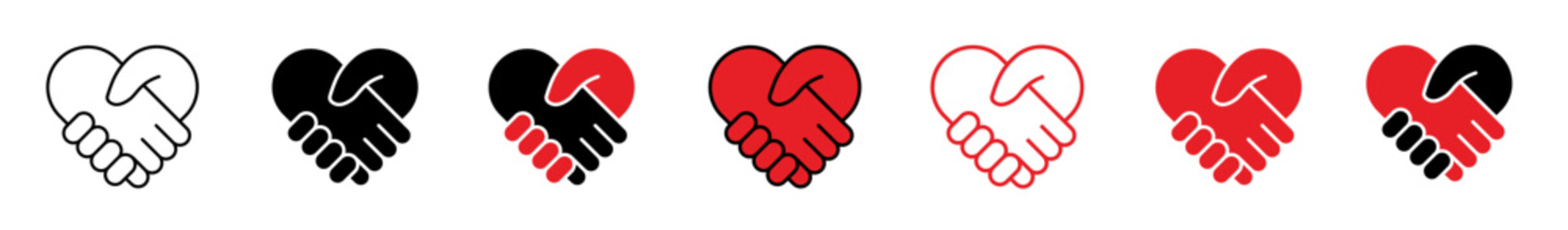 Heart handshake icon set. Charity support, romantic agreement, friendship, partnership deal and unity outline solid vector symbols.