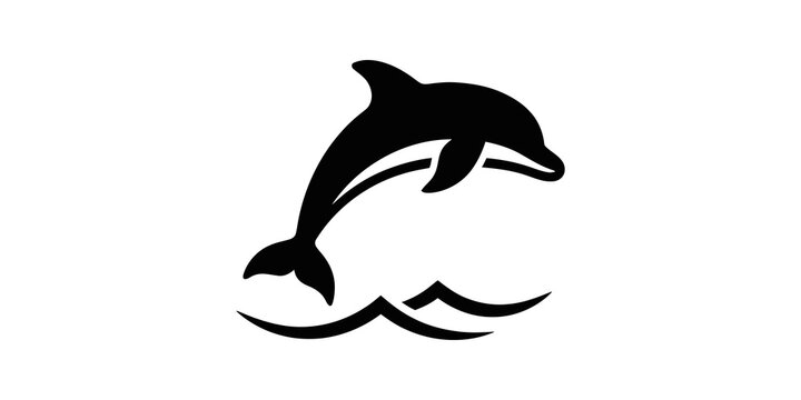 Black dolphin silhouette jumping over ocean waves flat icon element.