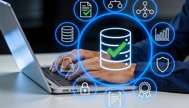 Person working on a laptop with database icons surrounding the screen in a tech environment.