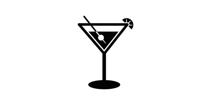 Martini glass silhouette flat icon with lemon wedge and olive stick.
