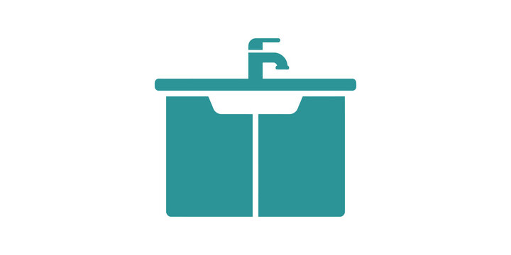 Teal bathroom washbasin flat icon representing modern vanity cabinet.
