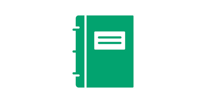 Green notebook spiral binder icon for student education and projects.