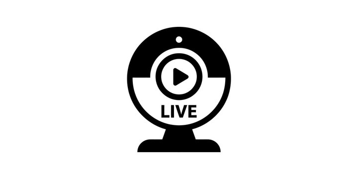 Black live streaming webcam icon featuring play button and caption.
