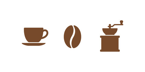 Coffee shop icon set featuring cup bean and grinder for cafe branding. © SAJID