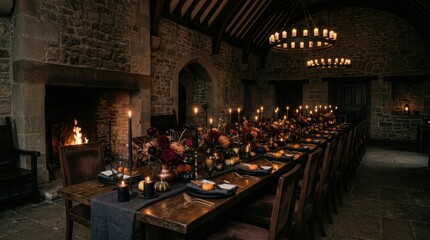 Naklejka premium Medieval Banquet Hall: An opulent long dining table is beautifully set for a feast in a grand medieval hall, illuminated by the warm glow of a crackling fireplace and numerous candles.
