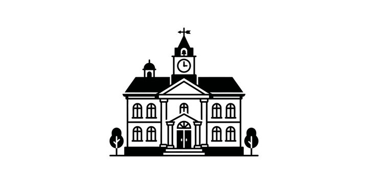 Black courthouse building icon with clock tower for government design.