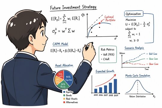 未来の投資戦略をホワイトボードに説明するビジネスマンのイラスト