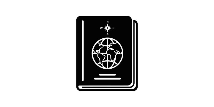 Passport book flat icon black design for international travel navigation.