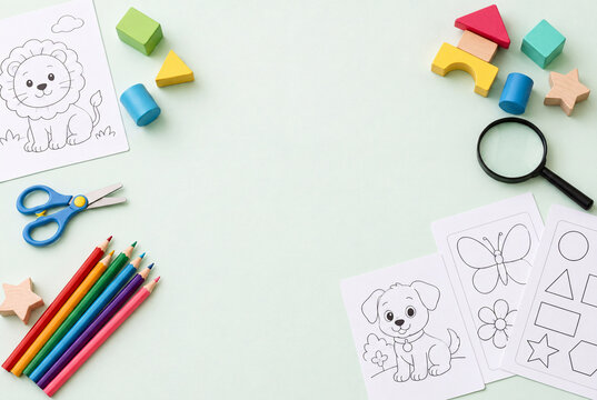 Kids activity with crayons, scissors and coloring pages on table  