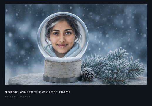 Winter Snow Globe Photo Frame - Nordic Glass Snowglobe, Scandinavian Frost Mockup