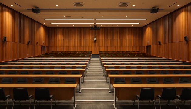 Empty modern conference hall with wooden walls and rows of desks for academic seminars.