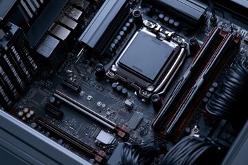 Fototapeta premium Modern PC Motherboard Close-up: Detailed View of Advanced Computer Hardware and Circuitry