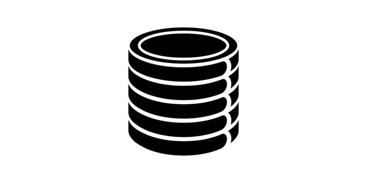 Black database cylinder storage icon on grid transparent background.