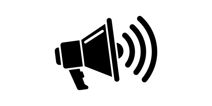 Megaphone flat icon in black color for public communication announcements.