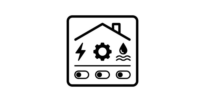 Smart home system vector icon with house utilities and toggle switches.