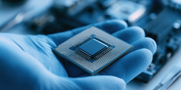 CPU Microprocessor Held by Gloved Hand