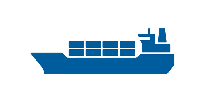 Blue cargo ship silhouette carrying containers for global trade route.
