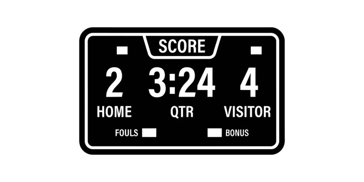 Digital scoreboard graphic showing basketball match statistics and time.