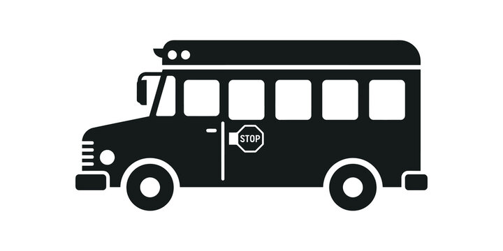 Black school bus flat icon with stop sign for student transportation.