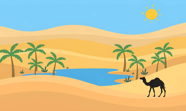 Sahara Desert Oasis Cartoon Vector Wallpaper