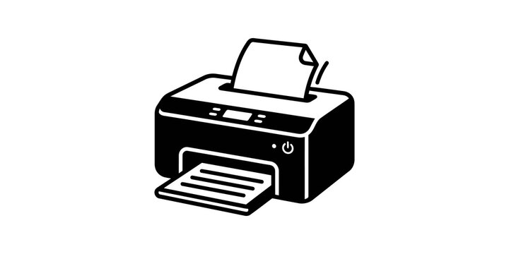 Black printer vector icon with printed paper sheets on background.