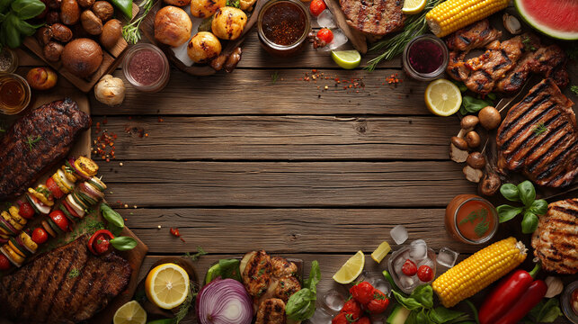 Summer Barbecue Party Food Background with Grilled Steak, Burger, Fresh Vegetables and Copy Space