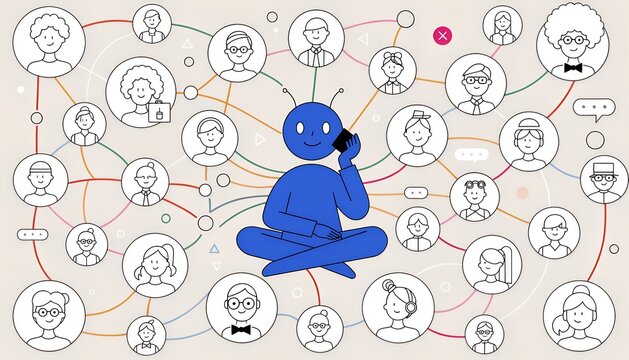 Blue central figure connecting with diverse employees in a professional network diagram.