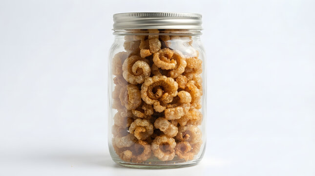 Pinoy pork rinds or chicharon bulaklak, encased in glass jar with silver lid on clean white background. Suitable for pork menus, Asian dishes,Asian food industry, snacks, comfort foods, catalog assets