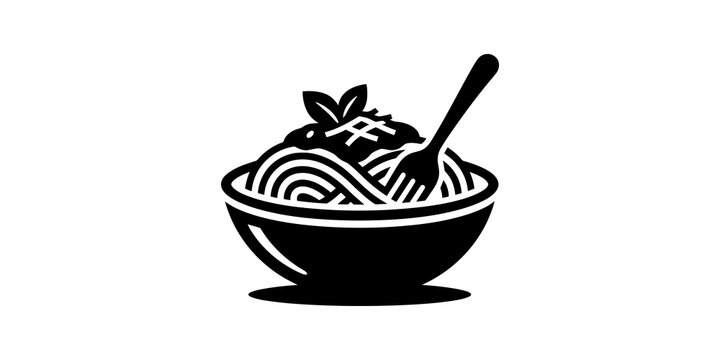 Bowl of delicious spaghetti pasta with fork icon for food menus.