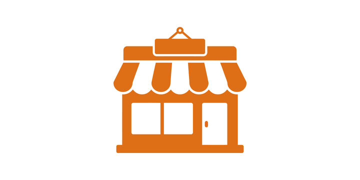 Orange shop storefront flat icon with awning for retail business use.