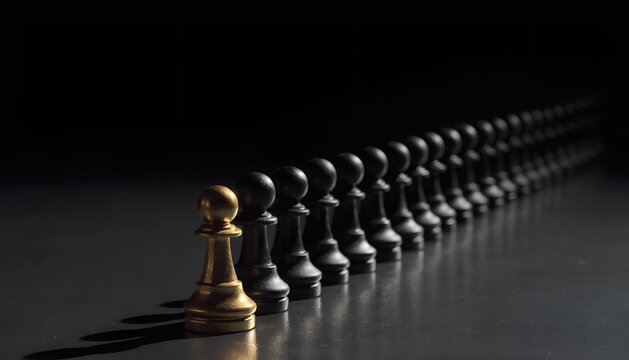 Golden pawn leading a line of black chess pieces representing leadership and strategy.