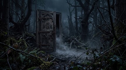 Obraz premium An intricately carved gothic door stands ajar in a dark, foggy haunted forest at night, hinting at a spooky old castle or mansion entrance for halloween.
