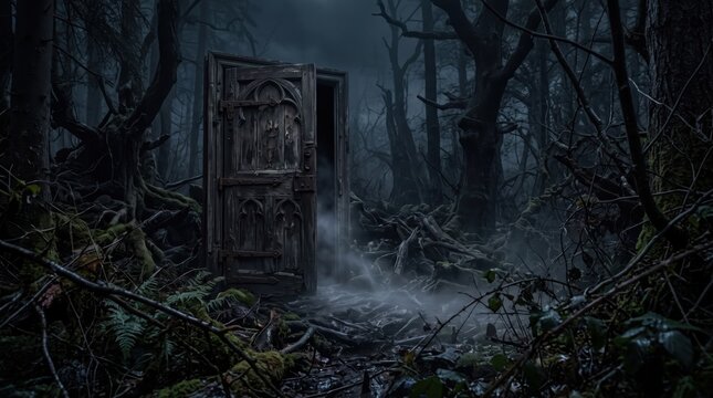 An intricately carved gothic door stands ajar in a dark, foggy haunted forest at night, hinting at a spooky old castle or mansion entrance for halloween.