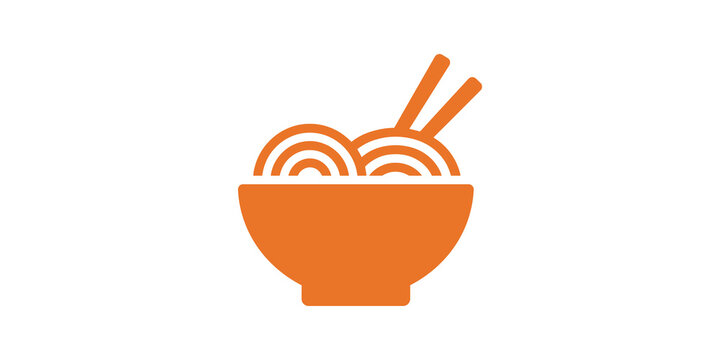 Orange bowl of noodles with chopsticks flat icon on transparent grid.