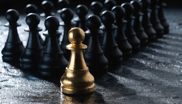 Golden pawn leading black chess pieces as a metaphor for business leadership and success.