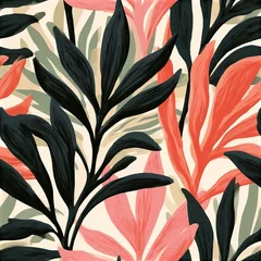 Abstract Organic Summer Botanical Pattern with Modern Black and Coral Tropical Plant Illustrations © Ilja