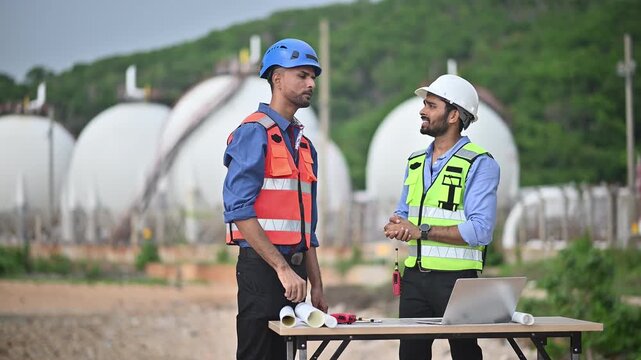 Engineers wearing safety gear, including hard hats examining survey a large blueprint tablet standing industrial facility gas or oil refinery engaged in a job requires high safety standards concept.	