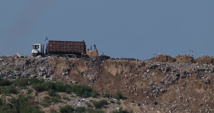 Unrecognizable truck driver walking alongside dump truck, preparing to unload on MSW landfill with atmospheric heat shimmer slow motion