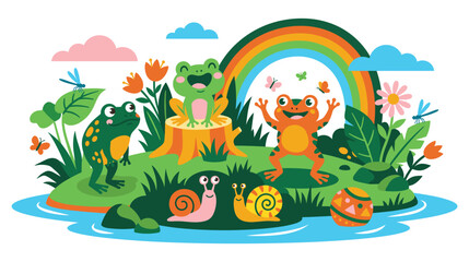 Naklejka premium Cute frogs playing on pond cartoon illustration in summer nature.