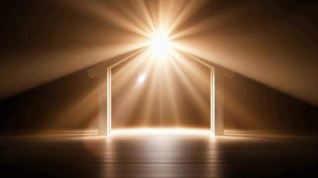 Radiant light beams emanate from an archway, casting dramatic shadows and creating a powerful. ..Created with Generative AI, not depicting real subjects.