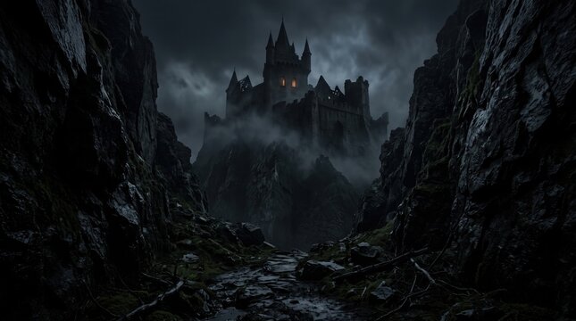 Dark, atmospheric halloween gothic castle stands shrouded in fog on a rugged cliff under a mysterious night sky, windows glowing.